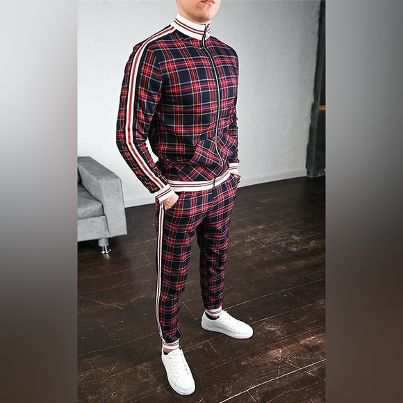 Red Wine Colored Lattice Print Slim Fit Track Suit - Picture 4 of 4